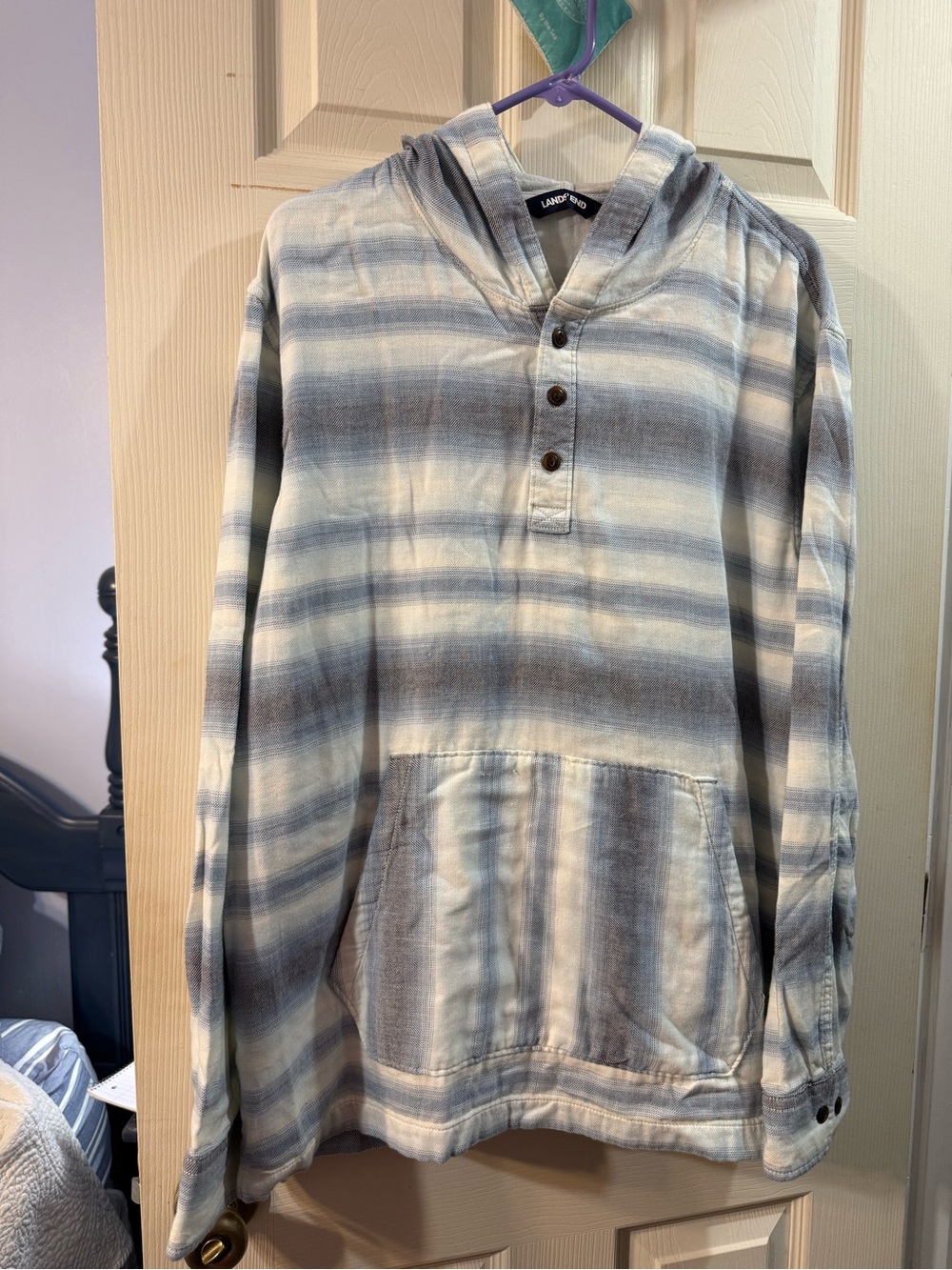 Landsend Mens Large hooded flannel casual long sleeve shirt blue denim stripe
